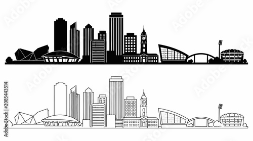 Birmingham City Skyline Silhouette in Solid and Outline Styles