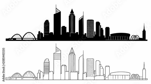 Perth City Skyline Silhouette and Line Art Vector Illustration