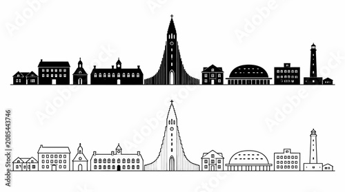 Reykjavik City Skyline Silhouette and Line Art Vector Set