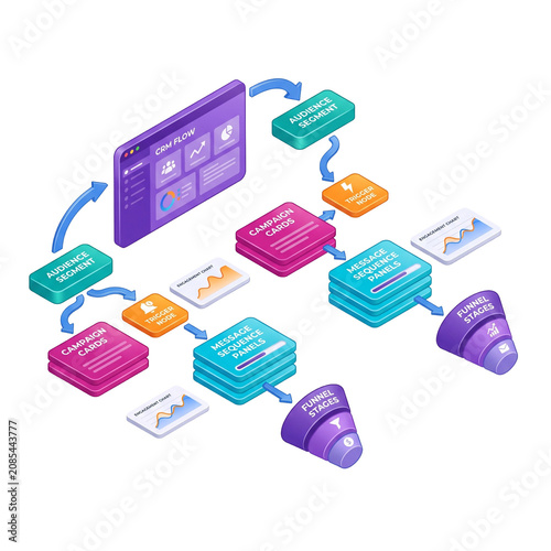 CRM Marketing Automation Workflow Diagram with Sales Funnel and Audience Segmentation