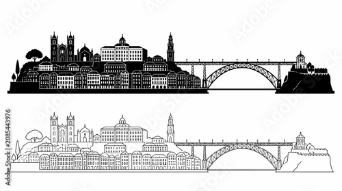 Porto Skyline Silhouette with Dom Luis I Bridge, Vector Illustration