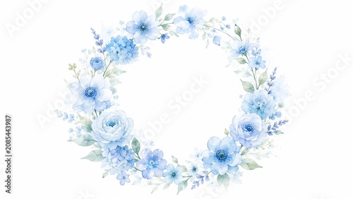水彩画風の美しい青い花リース 白い背景に描かれたアジサイと小花の装飾