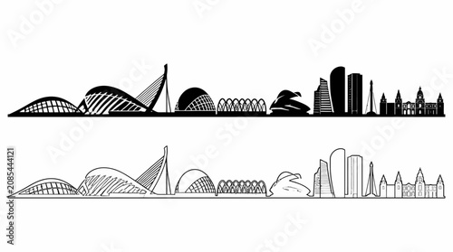 Valencia city skyline silhouette set, minimalist architectural vector art