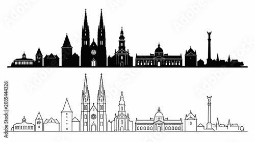 Szeged city skyline silhouette in vector flat and line art style
