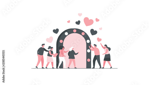 Diverse group of people gathered around a large illuminated mirror with floating hearts, symbolizing beauty, love, and social connection.