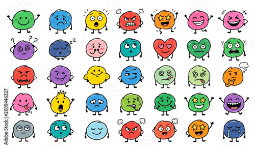 Cute Abstract Scribble Characters with Funny Emotions Hand Drawn Doodle Vector Set