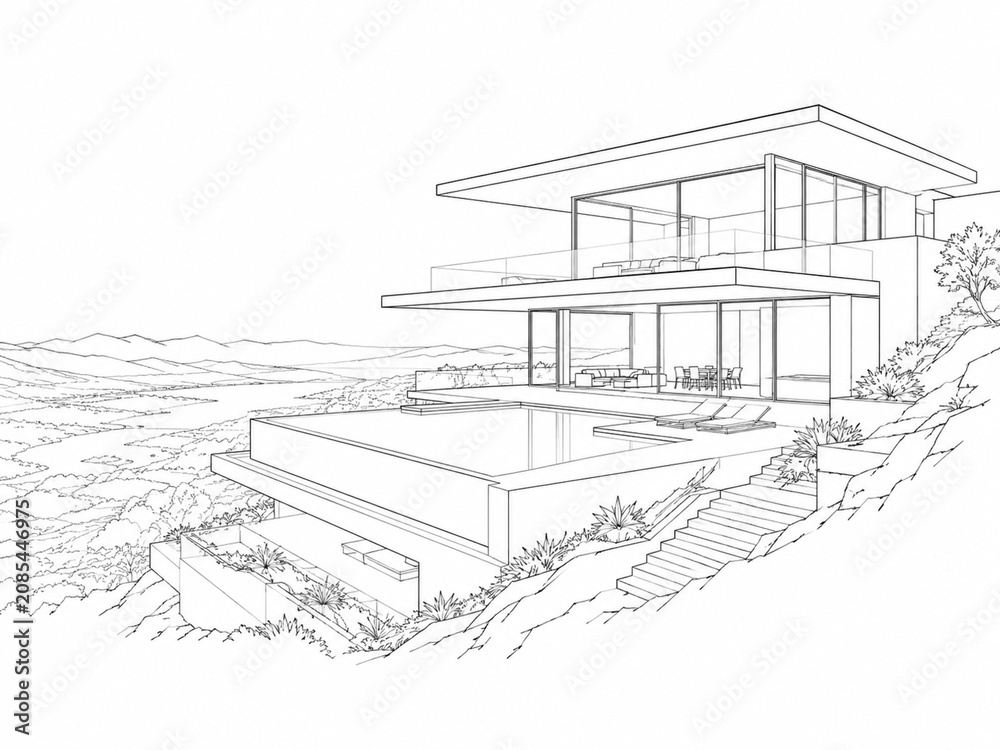 Fototapeta premium Hillside Glass Villa with Infinity Pool 