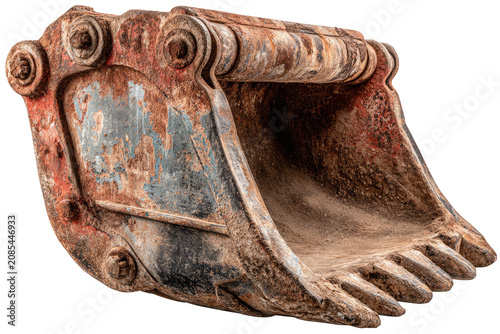 Heavily rusted and worn excavator bucket, showing signs of heavy use