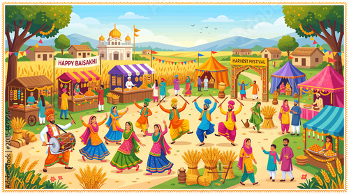Fotografie Colorful village fair with traditional dancers and stalls.