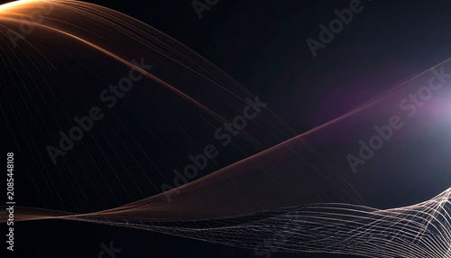 Abstract flowing golden and white light trails forming elegant waves against a dark background with subtle lens flare
