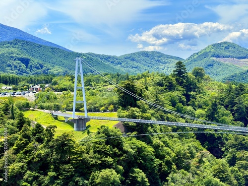 The Kokonoe Yume Grand Suspension Bridge standing over a green valley under a blue sky in Oita Prefecture, Kyushu, Japan