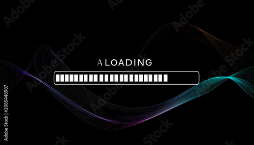Futuristic loading bar with abstract glowing waves on a dark background representing data transfer and digital progress