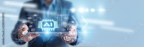 Foto Data scientist hold tablet and evaluates machine learning models for Artificial Intelligence applications, observing predictive analytics on a holographic display to improve smart automation systems