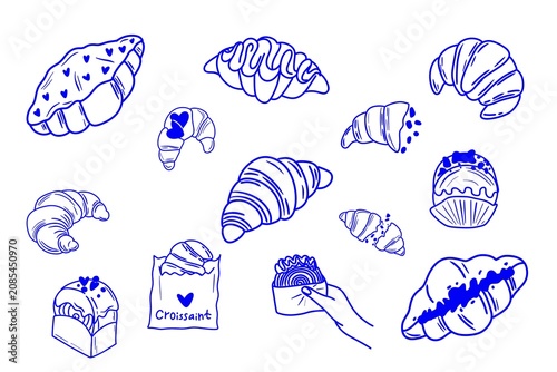 Doodle croissant clipart illustration set. Hand drawn blue line art bakery elements, French pastries, sweets, and fresh croissants isolated on white background