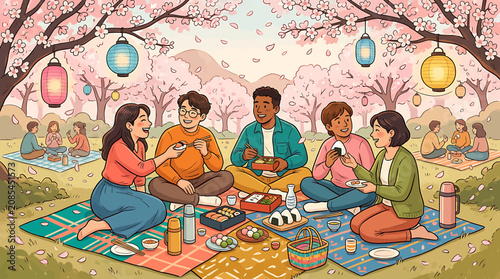 Slika na platnu Group enjoying picnic under blooming cherry blossom trees.