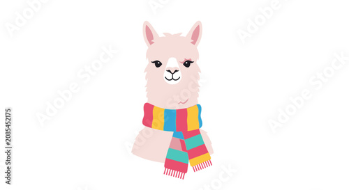 Vector illustration of a cream-colored alpaca head wearing a vibrant multicolored striped scarf, isolated on a plain white background, flat design graphic animal portrait.