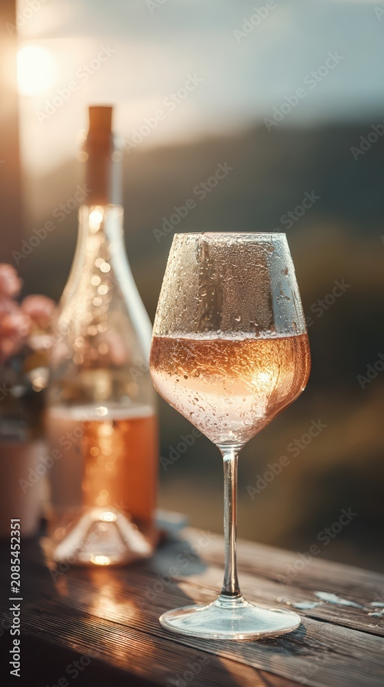 Obraz premium A chilled glass of rosé wine sparkles in golden sunset light. Condensation beads on the glass evoke a refreshing, elegant summer moment outdoors.