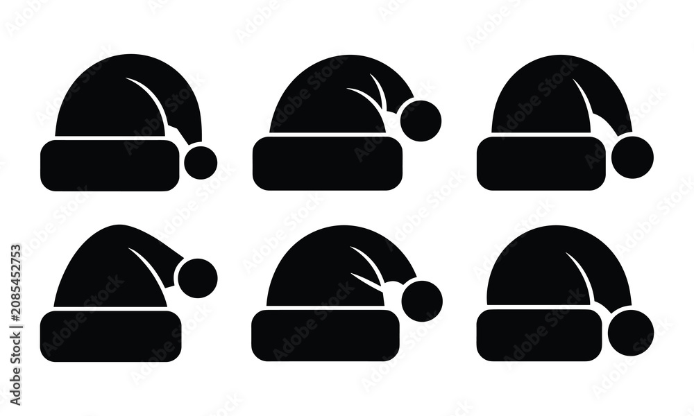 Fototapeta premium Set of six red santa claus hats silhouette icons for christmas holidays.