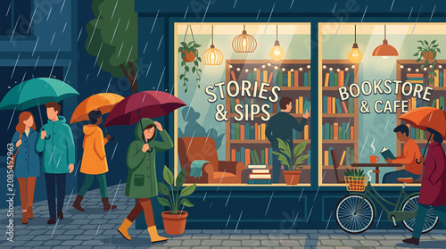 Slika na platnu Rainy day outside a cozy bookstore and cafe.
