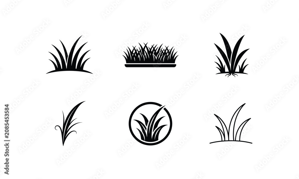 Fototapeta premium Black grass icons set, nature plant botanical elements.