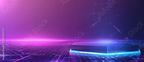 Ultra wide futuristic tech glowing podium, purple neon grid copy space backdrop, metaverse web3 digital asset, corporate presentation banner
