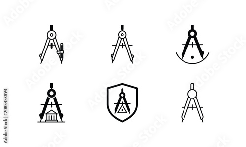 Set of black compass icon, flat vector on transparent background.