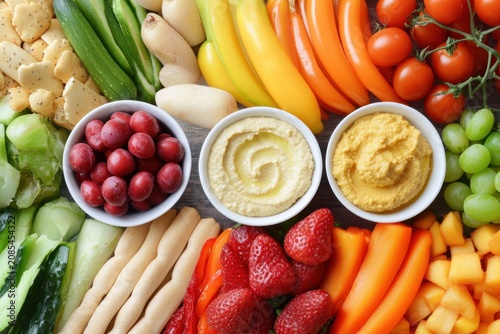 Healthy snack fresh vegetable fruit platter dipping sauce colorful assortment raw produce vegan food nutritious snack appetizer tray food background