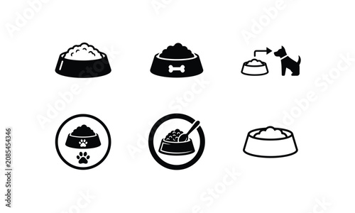 Pet food bowl icons set for dog and cat nutrition brand.