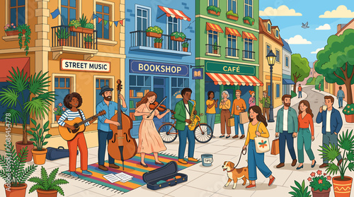 Vibrant street scene with musicians and diverse crowd.