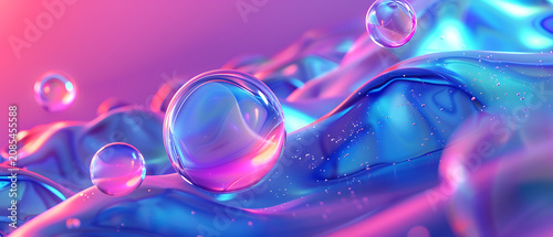 Abstract 3D fluid glassmorphism bubbles, iridescent flowing copy space background, web3 landing page hero visual, modern interface design asset