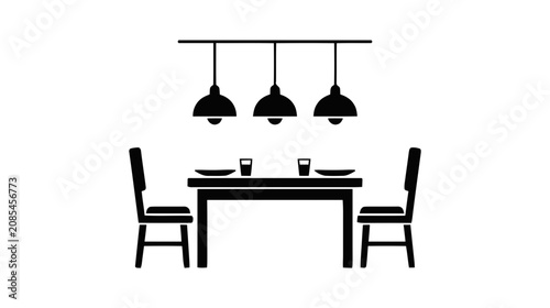 Vector illustration of dining table with chairs and pendant lights icon on a transparent background