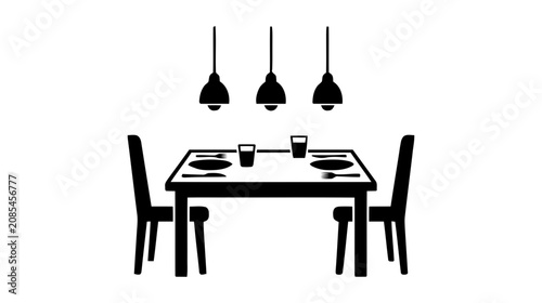 Vector illustration of dining table with two chairs and three pendant lights icon on a transparent background