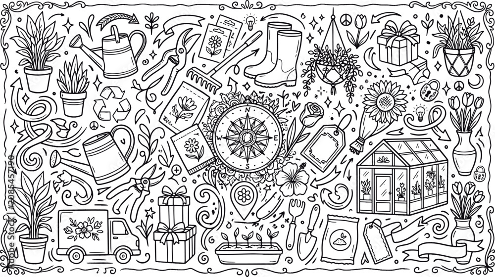 Fototapeta premium Comprehensive black and white gardening doodle set featuring tools plants greenhouse and hobby elements hand drawn gardening greenhouse illustration collection botanical watering