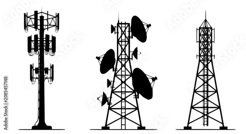 Silhouette of three different cell phone towers isolated on white background