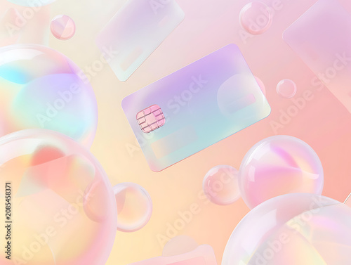 3D glassmorphism floating credit card, pastel bubble copy space layout, digital banking fintech concept, modern payment interface promotional banner