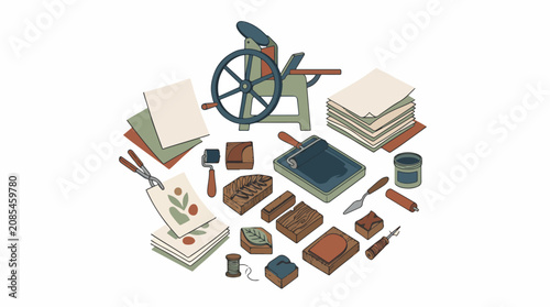 Foto Vintage printing press with books and ink supplies.