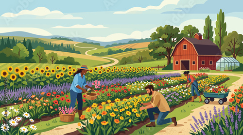 Bild auf Leinwand Colorful flower farm with workers in rural landscape.