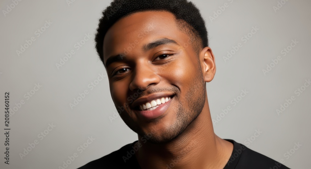 Obraz premium Portrait of a Happy Young African American Man Smiling Confidently Against a Neutral Studio Background