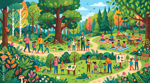 Fotografija Colorful illustration of people enjoying a vibrant forest park.
