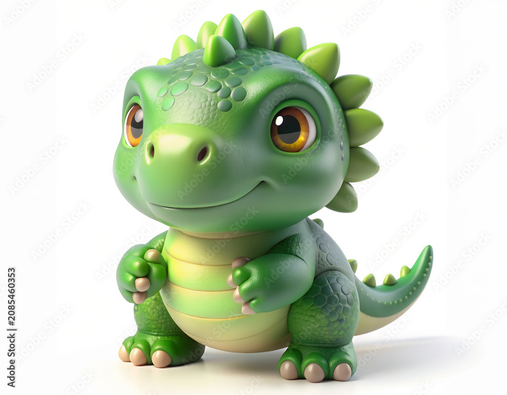 Fototapeta premium A cute green dinosaur with spikes and big eyes stands smiling