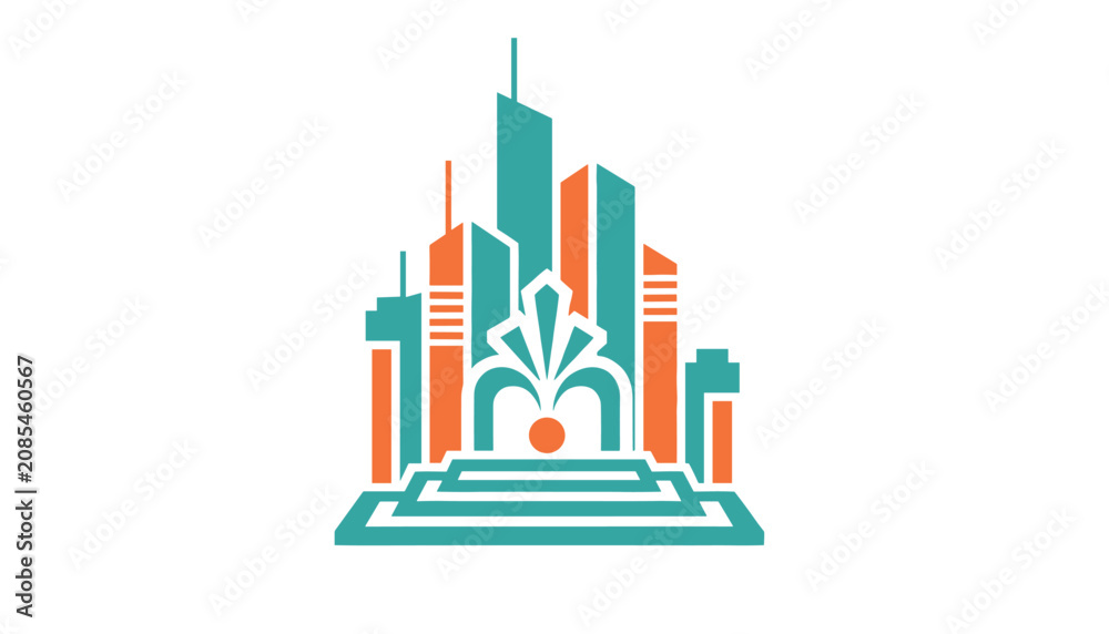 Obraz premium Abstract city skyline featuring geometric buildings and a central water fountain element as a modern corporate logo design for urban development.