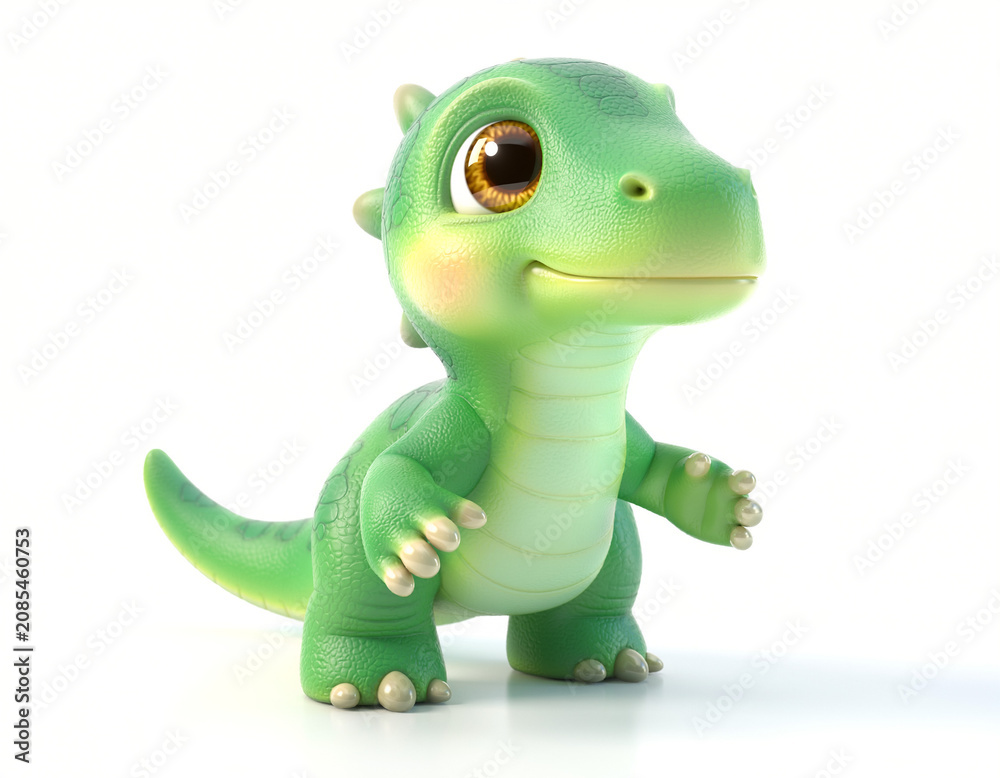 Fototapeta premium A green dinosaur toy stands on a plain surface looking happy
