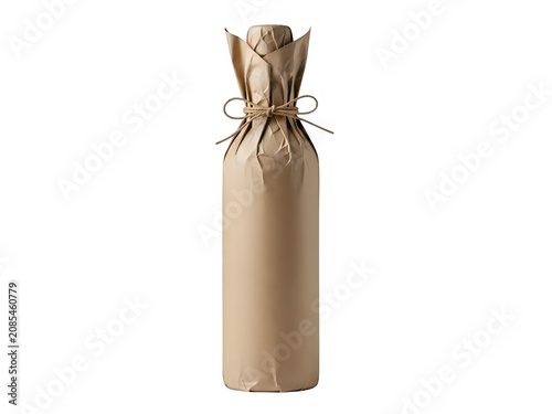 A single wine bottle wrapped in simple brown craft paper tied with a rustic jute twine string