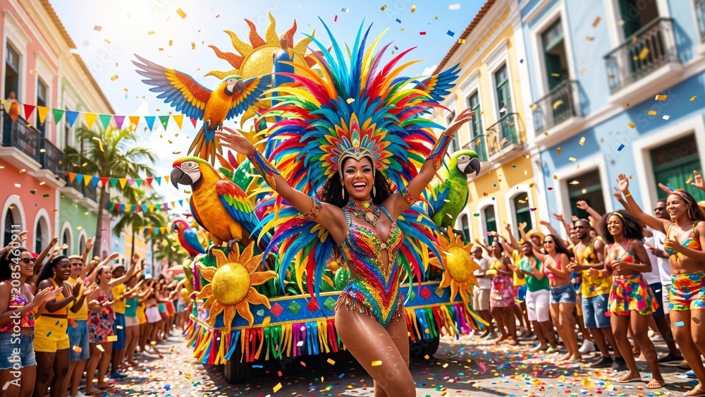 Fototapeta premium Colorful Tropical Carnival Parade with Festive Dancer and Crowd Celebration
