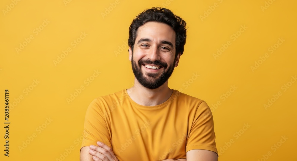 Fototapeta premium Confident Young Bearded Man Smiling with Arms Crossed Against Vibrant Yellow Studio Background