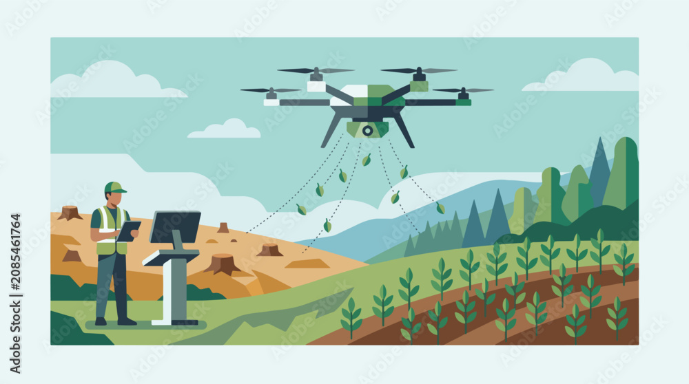 Obraz premium Professional technician operating a high tech drone for reforestation in a deforested landscape using digital tablet in flat vector illustration
