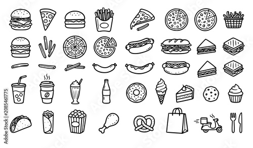 Fotografija Fast Food and Takeout Bistro Doodle Vector Icon Set Featuring Burgers, Pizza, Ho