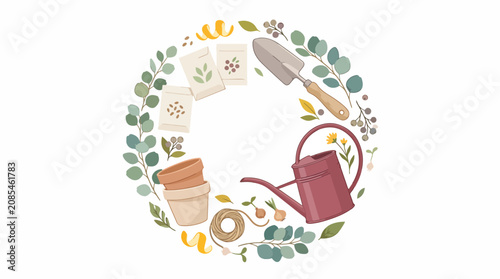 Circular arrangement of gardening tools and plants.