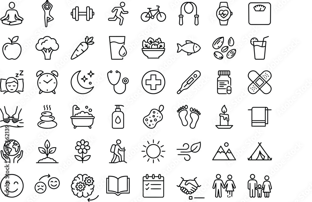 Fototapeta premium Collection Of Line Icons Representing Health Lifestyle And Nature