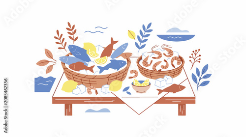 Colorful flat lay illustration of desserts and pastries.